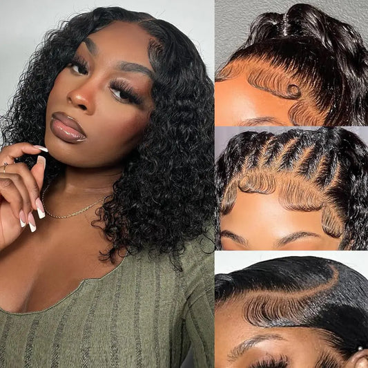 VELOMA 14inch Deep Wave Curly Bob Wigs Human Hair 13x4 Hd Lace Front Bob Wig Human Hair For Women 180% Density Pre Plucked With Baby Hair Short Curly Bob Lace Front Wig Human Hair Natural Hairline