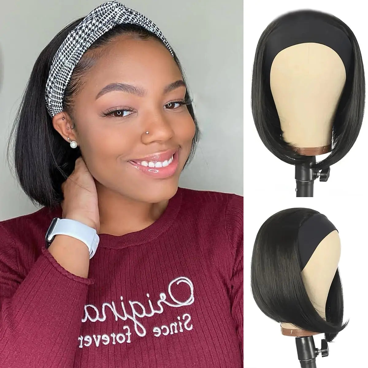 Headband Wig Human Hair For melanin Women Bob Wigs Glue less Human Hair Short Bob Headband Wigs for Black Women Straight Bob Human Hair Headband Wigs None Lace Wig Glueless Bob Straight 14 Inch
