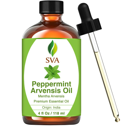 SVA Peppermint Essential Oil – 4 Fl Oz – 100% Natural Peppermint Oil - for Diffuser Hair Care Face Skin Care Aromatherapy Scalp and Body Massage Soap and Candle Making - with Dropper